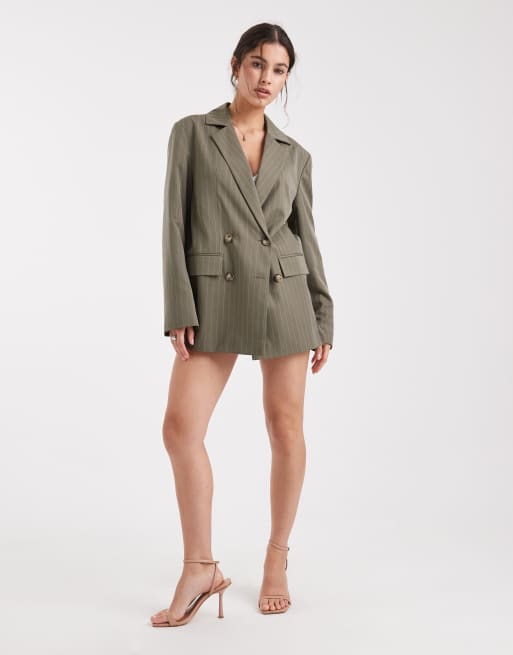 Miss Selfridge slouchy oversized double breasted blazer in khaki pinstripe (part of a set)