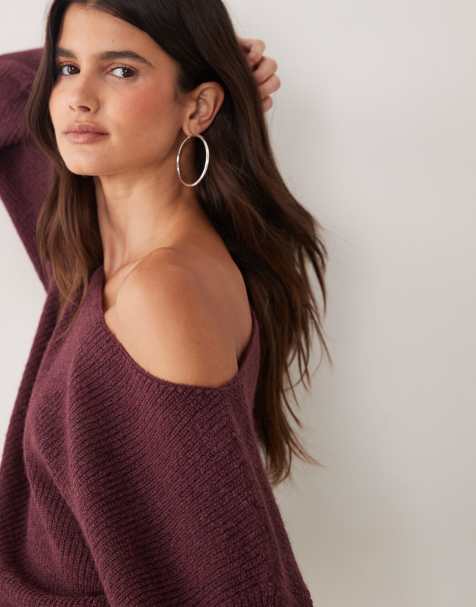 Miss Selfridge slouchy slash neck jumper in plum - view 1