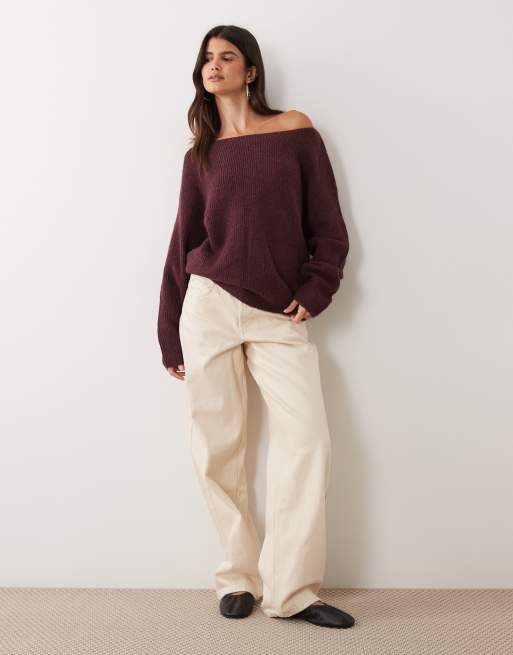 Miss Selfridge slouchy slash neck jumper in plum, 2 of 4
