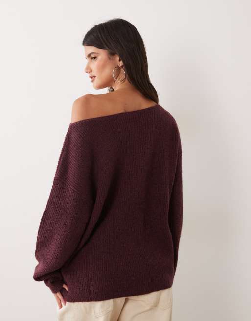 Miss Selfridge slouchy slash neck jumper in plum, 4 of 4