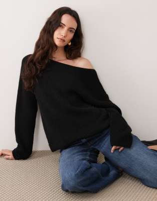 Miss Selfridge Slouchy Slash Neck Sweater In Black