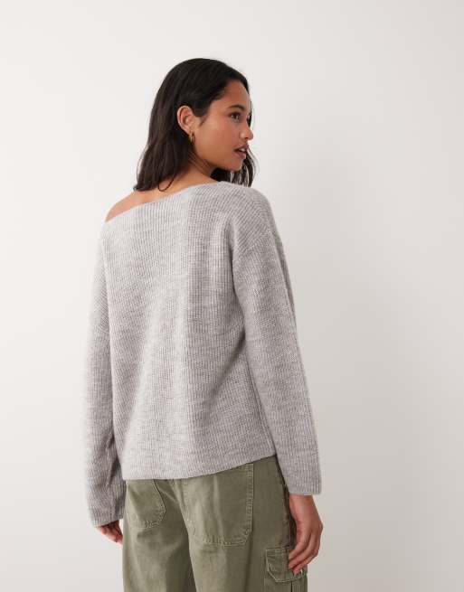 Miss Selfridge slouchy tröja med bred halsringning i gråmelerad, 3 av 4
