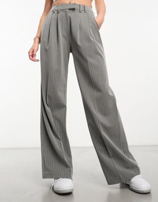 Miss Selfridge slouchy wide leg pinstripe trousers with extended tab detail in light grey