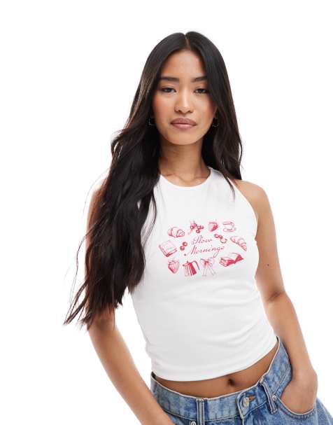 Miss Selfridge slow mornings graphic singlet top in white - view 1