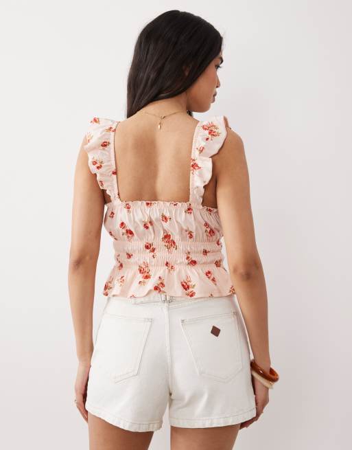 Miss Selfridge – Småblommig, smockad topp med volangärm, 4 av 4
