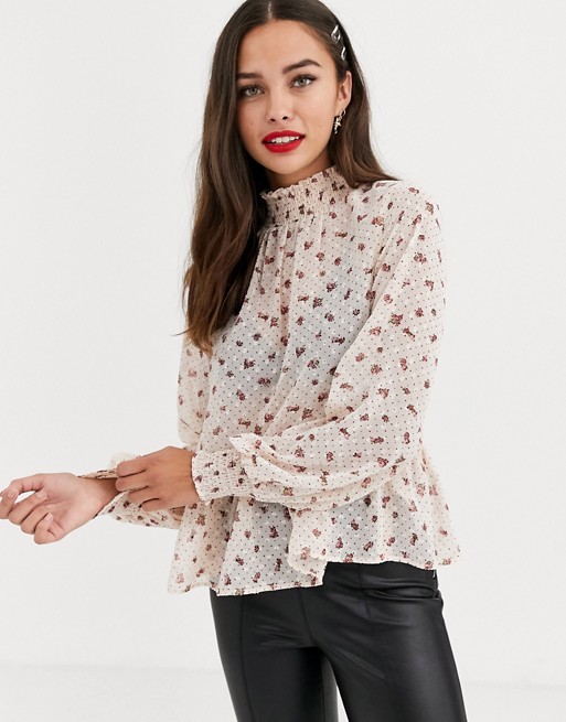 Miss Selfridge smock blouse with shirred neck in ditsy floral print