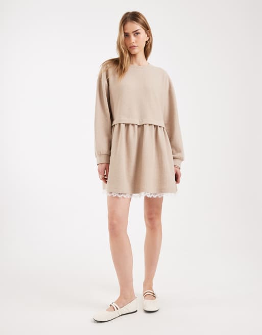 Miss Selfridge smock dress with lace trim in oatmeal, 3 of 4