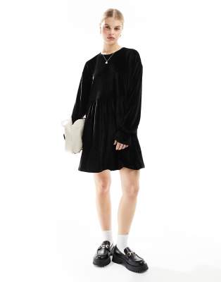 Miss Selfridge smock velvet mini dress in black - view 1