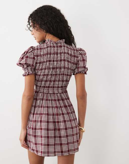 Miss Selfridge smockad miniklänning med puffärmar i rutigt, 4 av 4