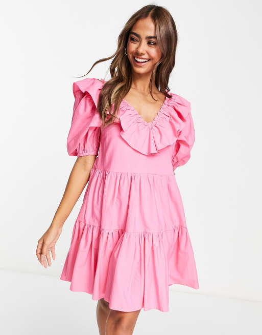 Miss Selfridge - Smockjurk van popeline met ruches in fel fuchsia
