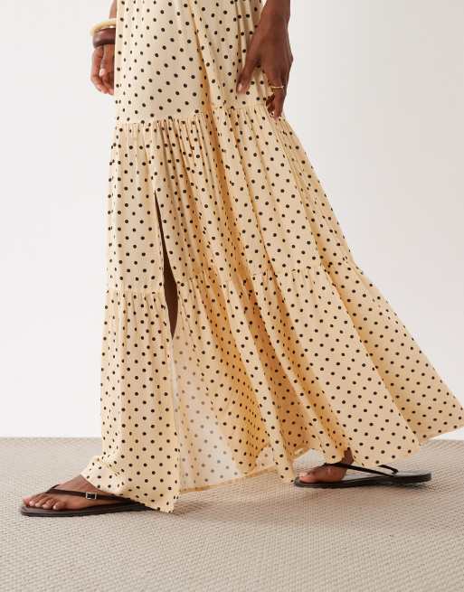 Miss Selfridge – Smörgul, brunprickig och panelsydd maxikjol, 3 av 5