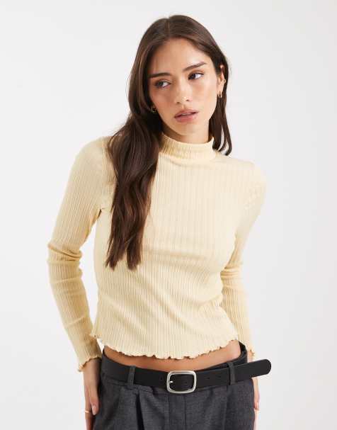 Miss Selfridge – Smörgul, ribbad topp med hög krage - view 1