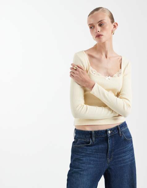 Miss Selfridge – Smörgul, ribbad topp med långa ärmar och spetsdetaljer - view 1