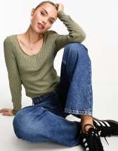 Miss Selfridge lace trim long sleeve ribbed top in khaki | ASOS