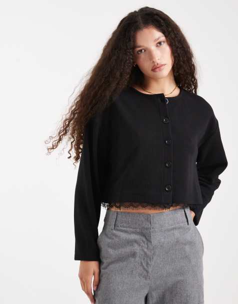 Miss Selfridge soft rib button through cardigan with lace trim - view 1