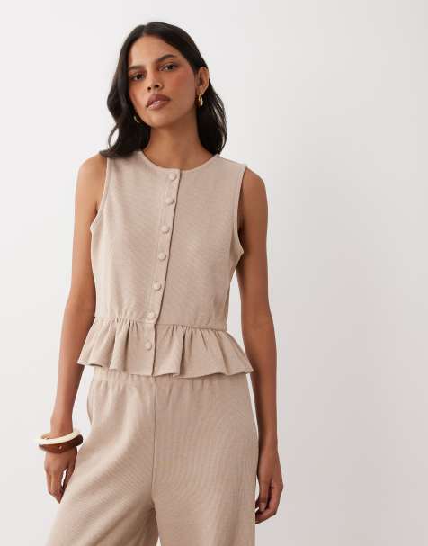 Miss Selfridge soft rib button through tank with peplum hem co-ord - view 1