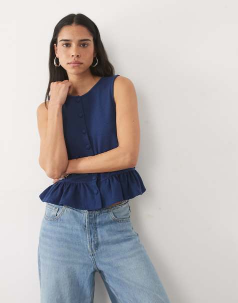 Miss Selfridge soft rib button through tank with peplum hem co-ord - view 1