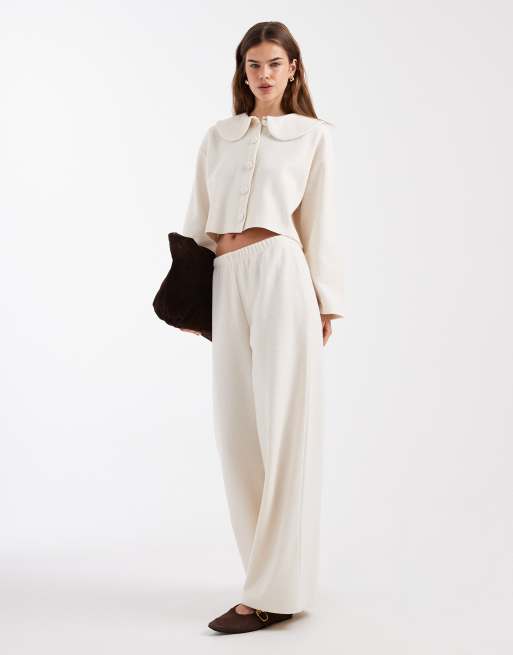 Miss Selfridge soft rib cardigan with peter pan collar co-ord in cream, 2 of 4