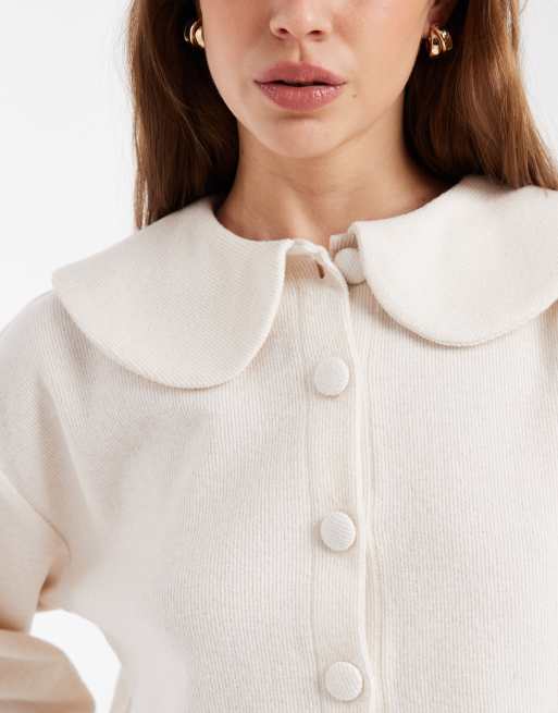 Miss Selfridge soft rib cardigan with peter pan collar co-ord in cream, 4 of 4