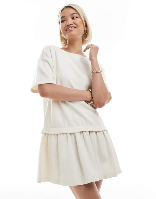 Miss Selfridge soft rib drop waist smock dress in ecru | ASOS