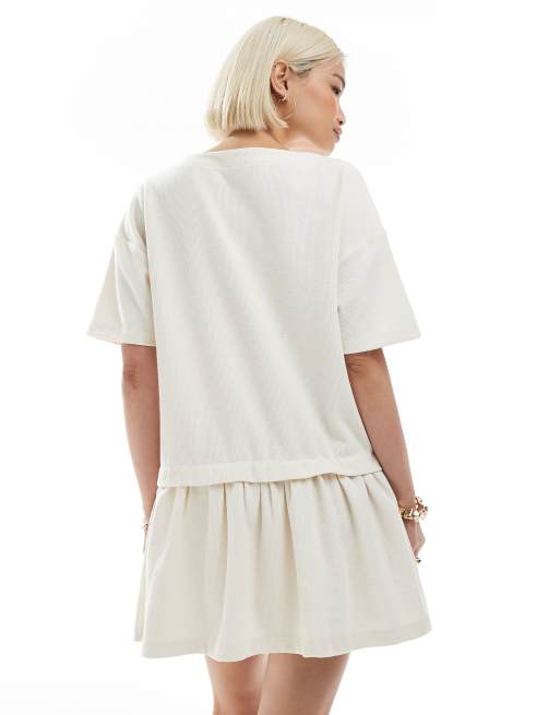 Miss Selfridge soft rib drop waist smock dress in ecru, 4 of 4