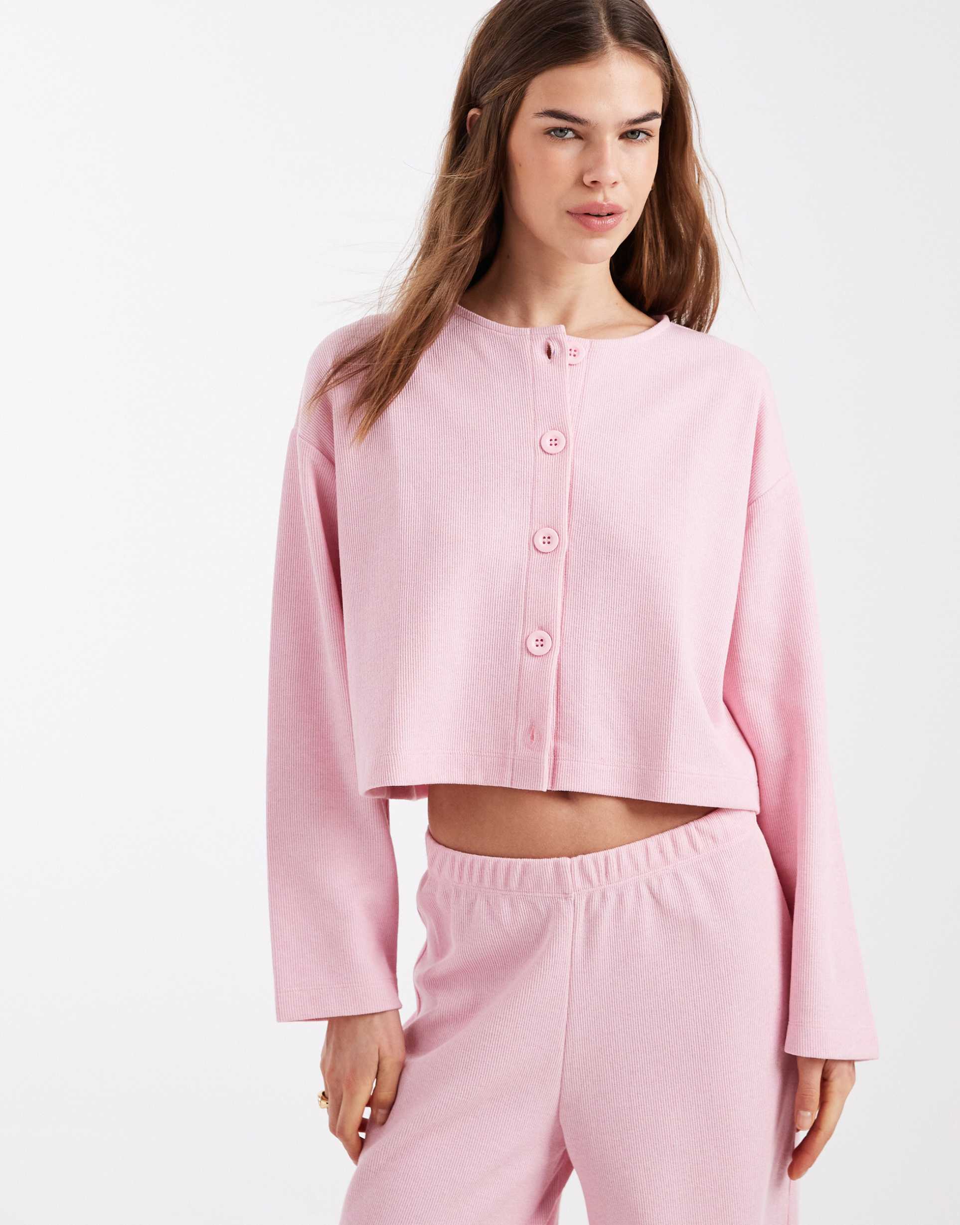 miss selfridge soft rib knit cardigan in pink - part of a set