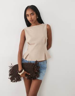 Miss Selfridge Soft Rib Knit Tank Top With Peplum Hem-neutral