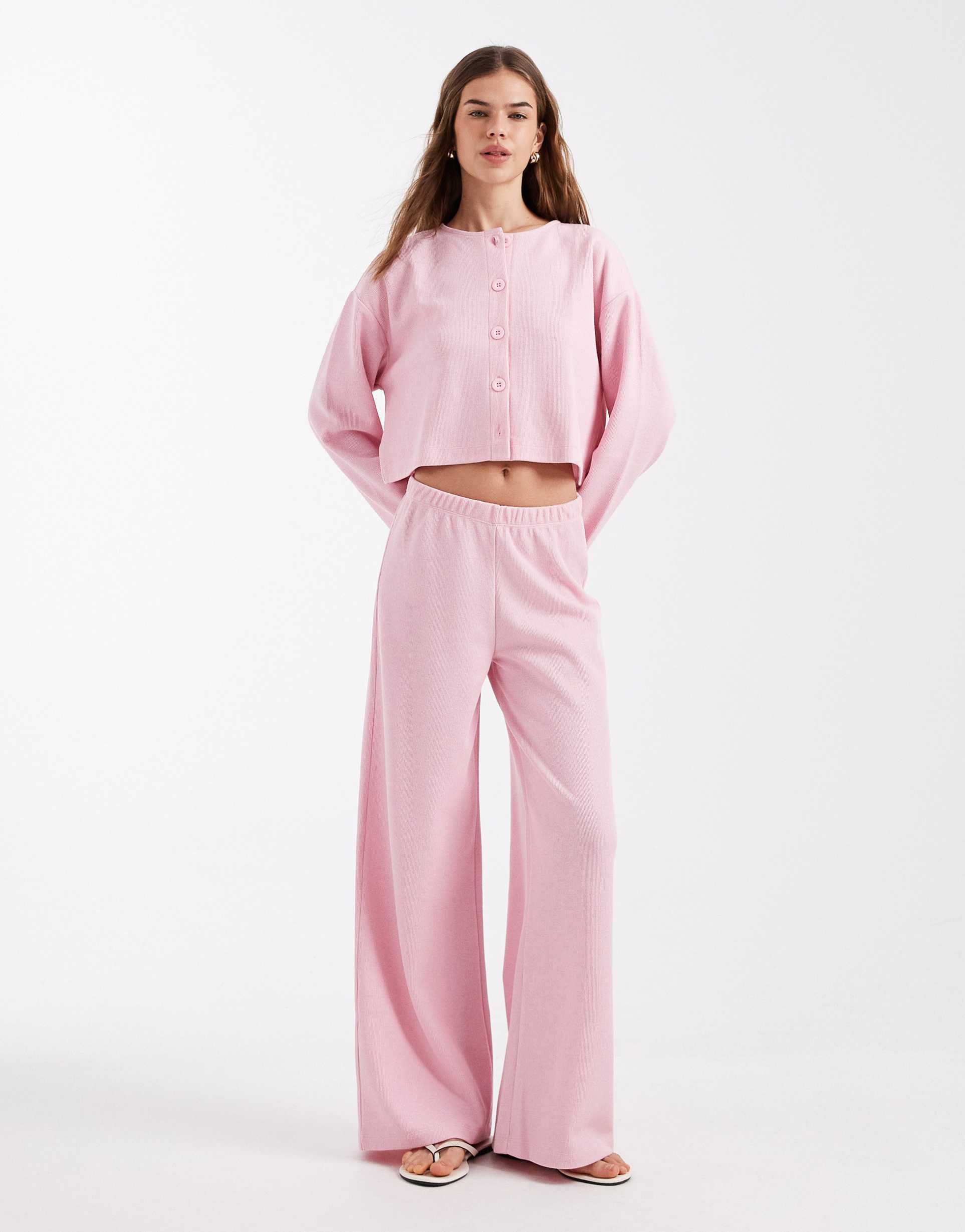 miss selfridge soft rib knit wide leg pants in pink - part of a set