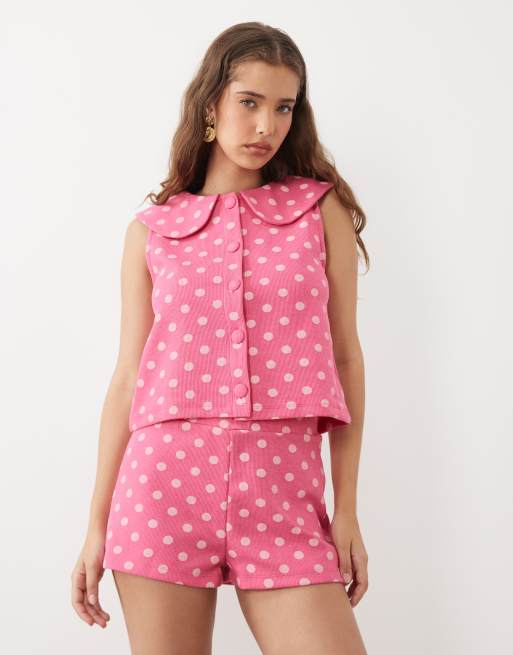 Miss Selfridge soft rib shorts in pink polka dot, 2 of 5
