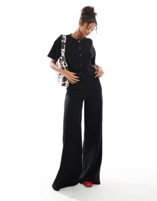 soft rib wide leg pants in black