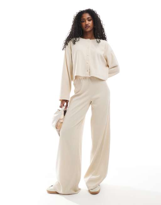 Miss Selfridge soft rib wide leg pants in ivory