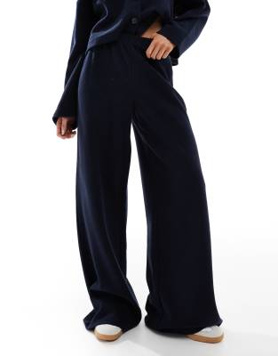 Shop Miss Selfridge Soft Rib Wide Leg Pants In Navy