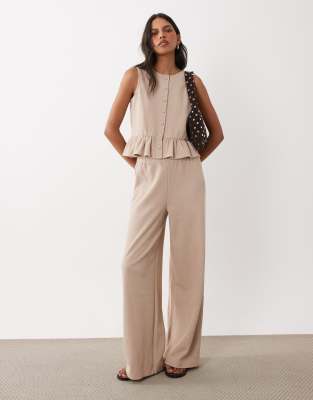 Miss Selfridge Soft Rib Wide Leg Pants - Part Of A Set-neutral