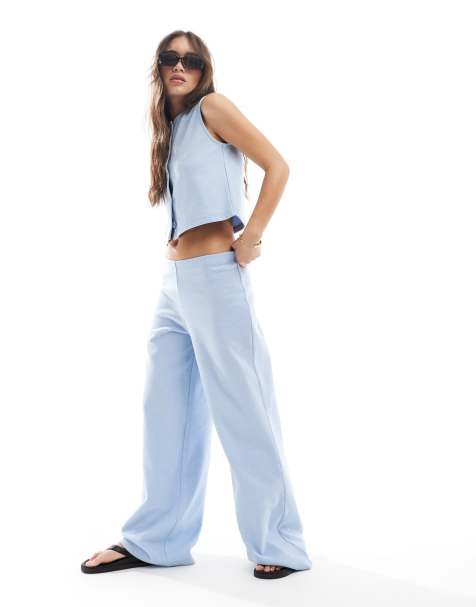 Miss Selfridge soft rib wide leg trouser co ord in blue - view 1