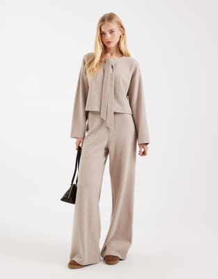 Miss Selfridge soft rib wide leg trouser co-ord in oatmeal-Neutral