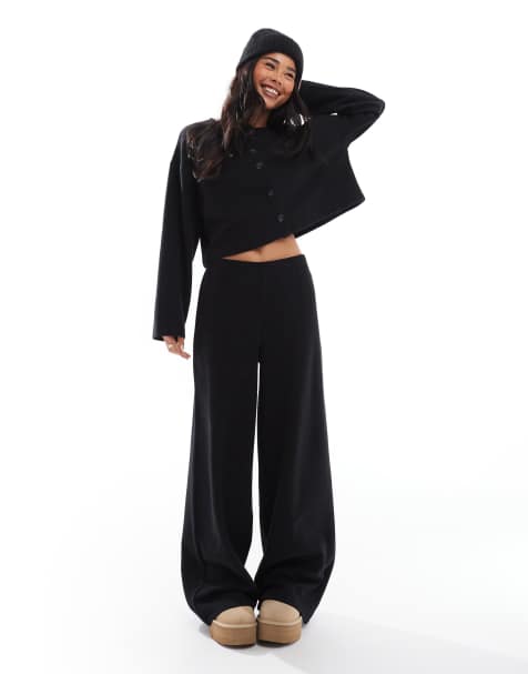 Miss Selfridge soft rib wide leg trouser in  black - view 1