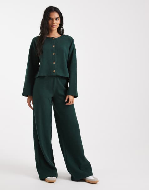 Miss Selfridge soft rib wide leg trouser in forest green