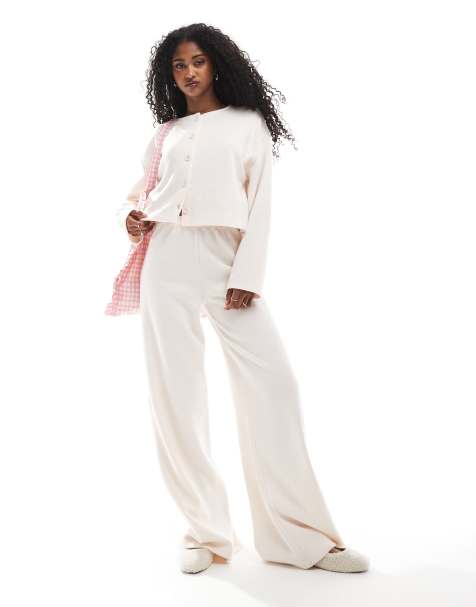 Miss Selfridge soft rib wide leg trouser in light pink