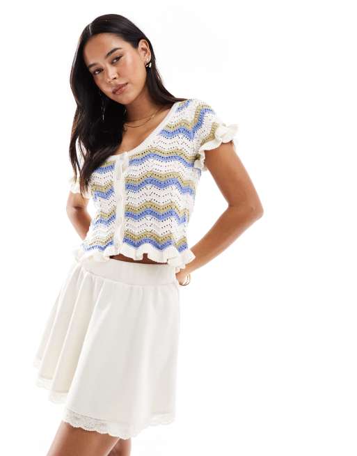 Miss Selfridge soft ribbed lace underlay floaty mini skirt in ivory, 2 of 5