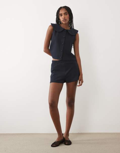 Miss Selfridge soft ribbed shorts in navy - part of a set - view 1