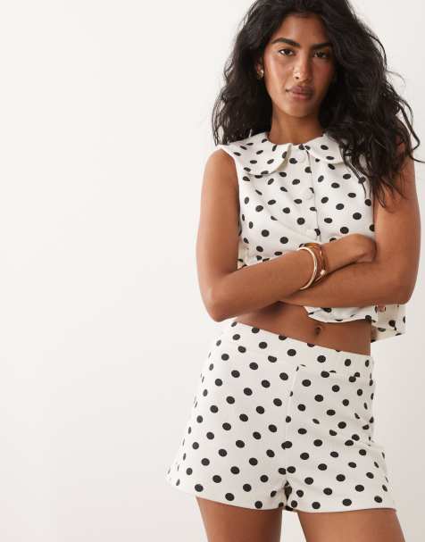 Miss Selfridge soft ribbed shorts in polka dot print - view 1