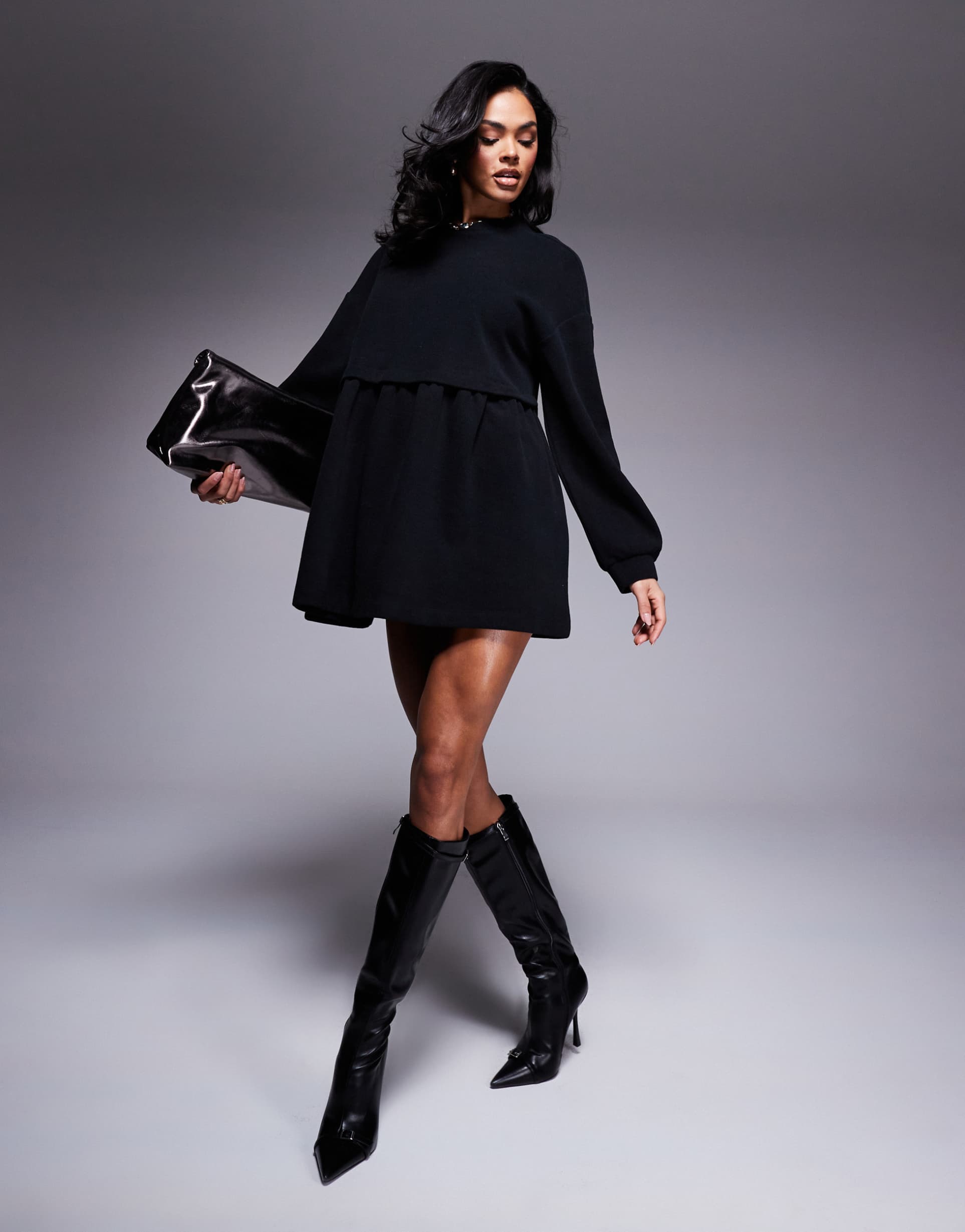 miss selfridge soft ribbed smock dress in black