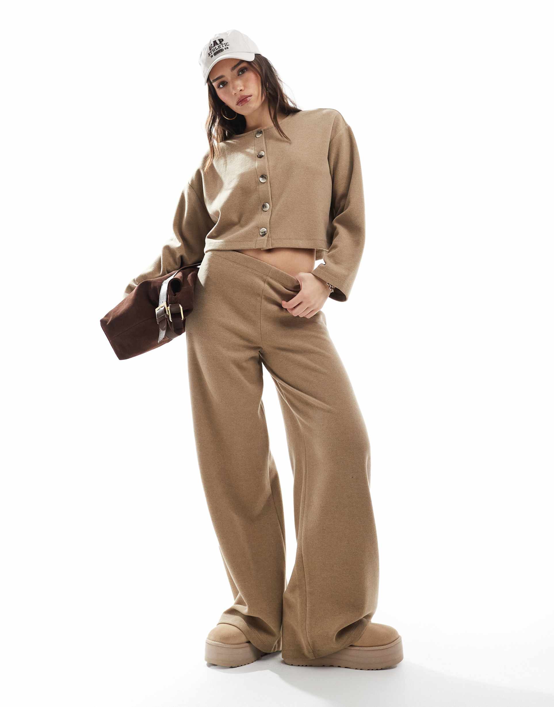 miss selfridge soft ribbed wide leg pants in beige