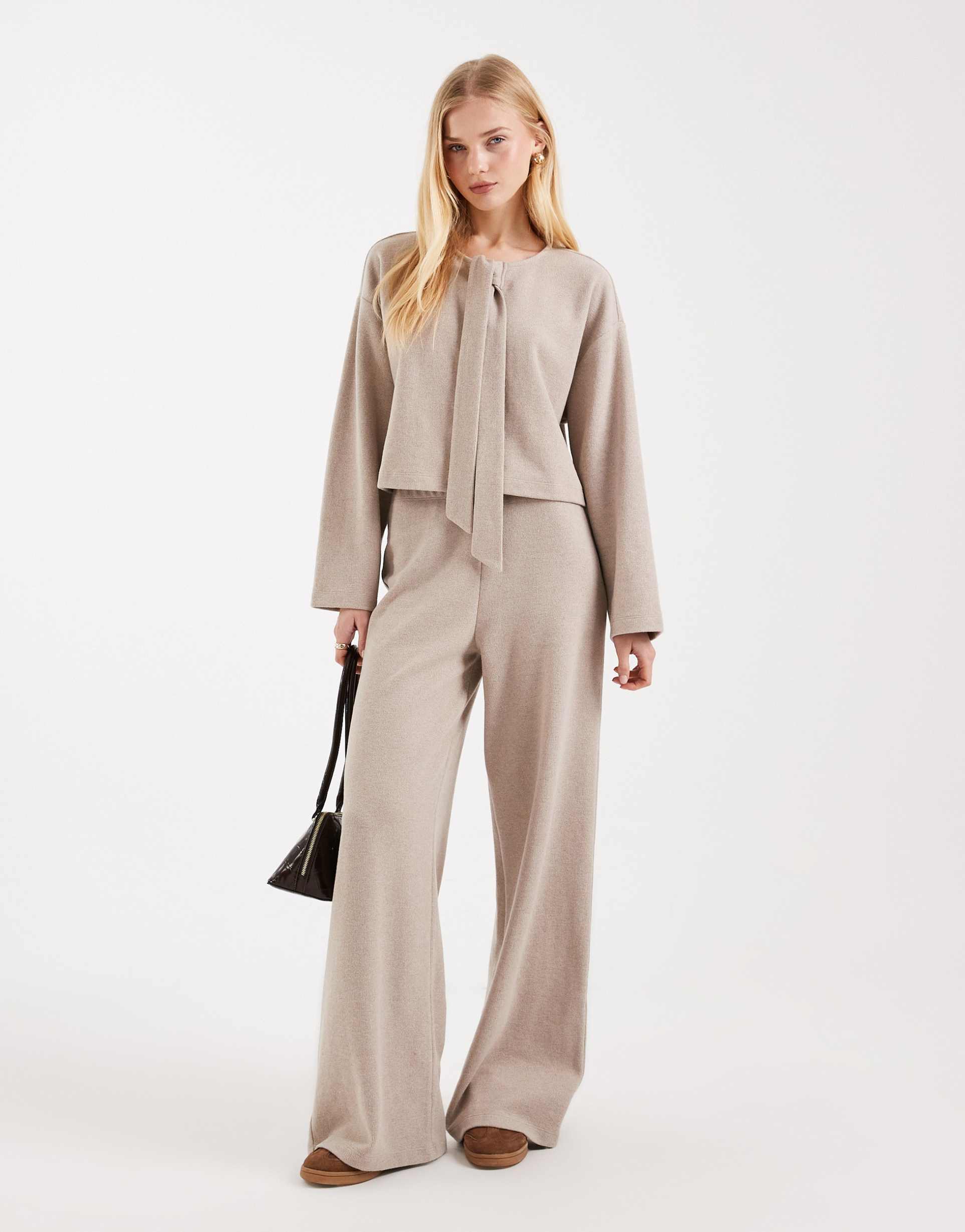 miss selfridge soft ribbed wide leg pants in oatmeal - part of a set