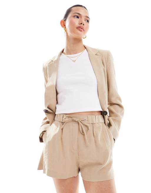 Miss Selfridge soft tie waist pull on trackie shorts in stone (part of a set)