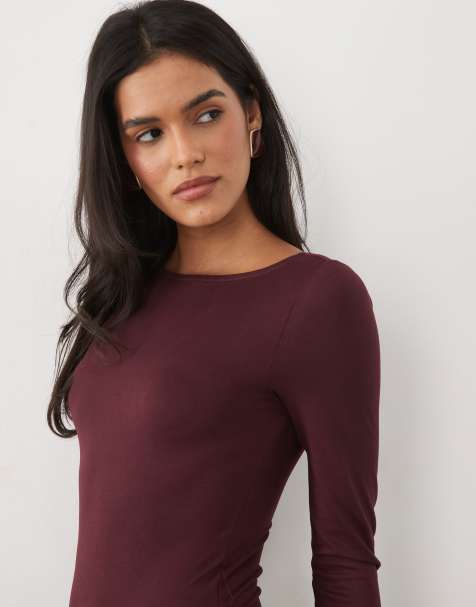 Miss Selfridge soft touch boat neck bodysuit in plum - view 1