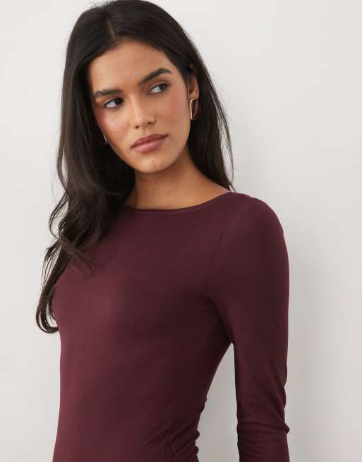 Miss Selfridge soft touch boat neck bodysuit in plum, 2 of 4