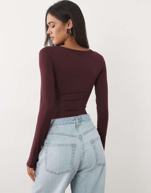 Miss Selfridge soft touch boat neck bodysuit in plum, 4 of 4