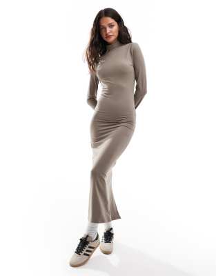 soft touch long sleeve high neck maxi dress in mushroom-Brown