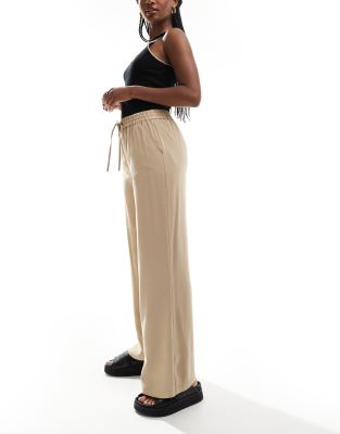 soft touch pull on wide leg pants in stone-Neutral